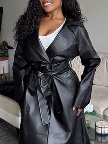 Tyla Gomez 女士宽松纯色 PU 长款夹克配腰带，休闲街头风格风衣，秋冬 - 黑色 - 查看 4