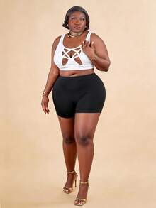 CurvyTilda Plus Skeleton Print Biker Shorts - Black - View 1