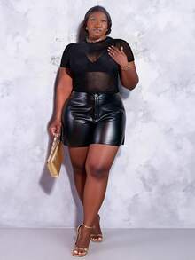 CurvyTilda Plus Solid Sheer Mesh Top Without Bra - Black - View 3