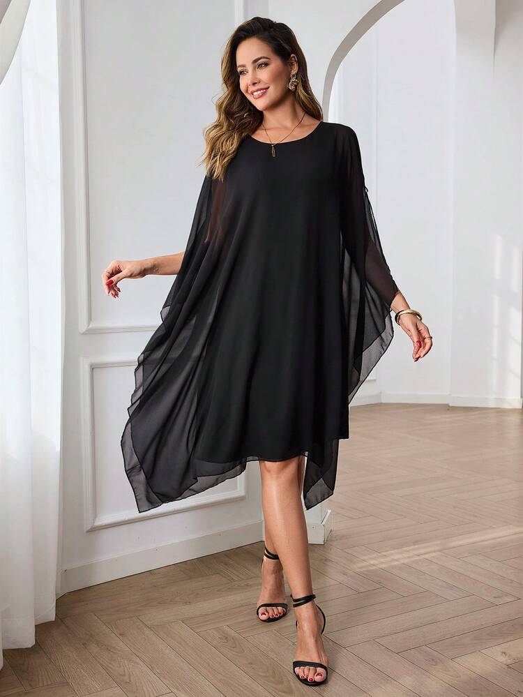 Elegant Black Chiffon Midi Dress For Women,Sheer Asymmetrical Cape Sleeve Loose Fit,Autumn Dinner Wedding Guest Party Prom Formal Graduation Outfit