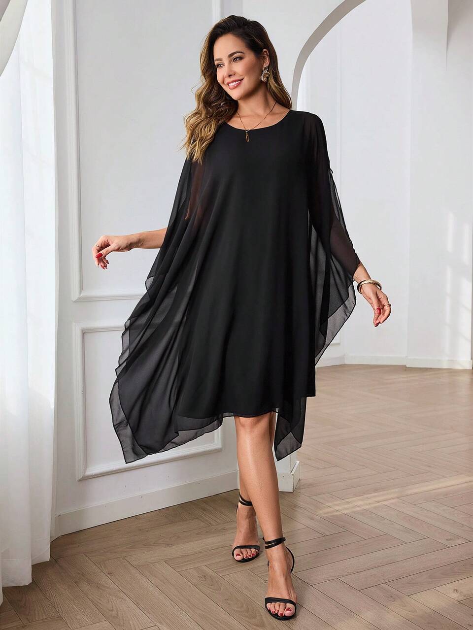 Elegant Black Chiffon Midi Dress For Women,Sheer Asymmetrical Cape Sleeve Loose Fit,Autumn Dinner Wedding Guest Party Prom Formal Graduation Outfit