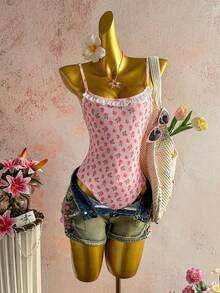 Elamini 女士碎花拼接蕾丝边露背连体衣，紧身剪裁，优雅浪漫波西米亚风格，适合海滩、度假、日常穿着，春夏皆宜 - 粉色 - 查看 1