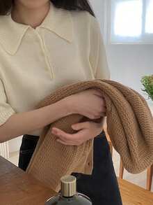DAZY 女士休闲 Polo 领短袖毛衣，柔软舒适的针织上衣 - 米色 - 查看 6