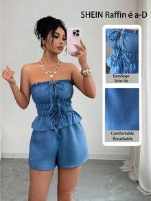 Rafferiza Conjunto Feminino Women's New Spring/Summer Blue Denim Texture Strappy Jumpsuit With Thin Straps, Bandeau-Style Top, Drawstring And Bow Detail At The Bust, Elasticated Waist, And Ruffled Hem Shorts Set. - Blue - View 2
