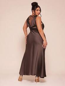 SHEIN BAE Elegant Sleeveless Satin Waist Cinched Dress - Coffee Brown - View 1
