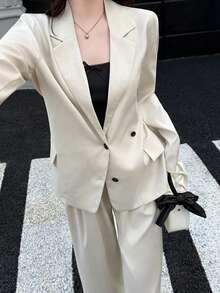 K-Vae Women's Loose Suit Set, Casual Draping Wide-Leg Pants Two Pieces Set, Gentle Elegant Commuting Outfit, Early Autumn - Apricot - View 4