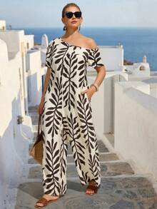 SHEIN LUNE CURVE Plus Size Women Floral Print Asymmetrical Shoulder Casual Jumpsuit For Travel & Vacation - Apricot - View 3
