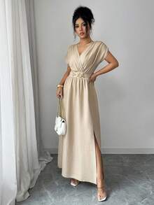 Elenzga Women's Elegant V-Neck Ruched Waist Split Hem Dress - Khaki - View 6