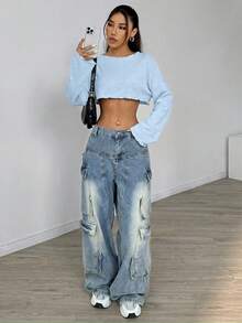 SHEIN EZwear 浅蓝色性感竹纤维针织轻薄短袖防晒T恤，适合春夏穿着 - 淺藍色 - 查看 4