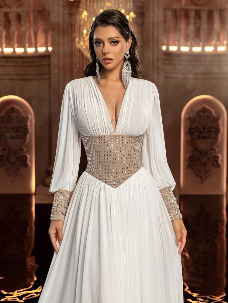 Elegant Minimalist Elastic Tulle Handmade Crystal Long Sleeve A-Line Silhouette Wedding Dress, Suitable For Wedding Ceremony, Celebration, Luxury Reception, Outdoor Forest Beach, And Various Occasions Such As Bridal Gown, Wedding Guest Dress, Formal Gown White Formal Evening Gown - White - View 3