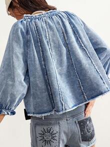 Bohemela Women's Casual Fashionable Street Snap Collar Ruffle Sleeve Raw Edge Loose Denim Blouse, Summer - Light Wash - View 2
