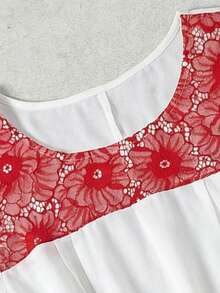 EMERY ROSE Áo thun nữ tay loe cổ tròn dáng dài, phối ren, kiểu dáng thường ngày, thích hợp cho mùa xuân. - Nhiều màu - Xem 3