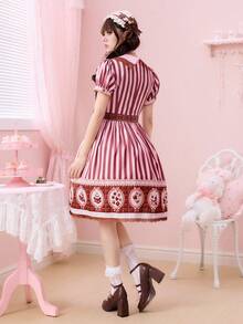 ROMWE Kawaii Đầm midi phối ren, họa tiết sọc, cổ ve áo, họa tiết món tráng miệng sô cô la dễ thương dành cho nữ. - Nhiều màu - Xem 3