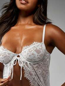 MISSGUIDED Women Lace Babydoll Lingerie Set With Matching Thong Intimate Sleepwear Delicate Floral Pattern Bridal Nightwear Two Piece Bedroom Ensemble - White - View 6