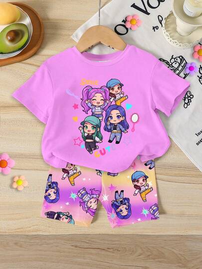 1 Set Baby Girls Casual K-POP Cartoon Girl Print Short Sleeve Knit T-Shirt And Matching Ombre Shorts Set, Comfortable Knit Outfit For Infant Girls Daily And Holiday, Sporty Fashion Set