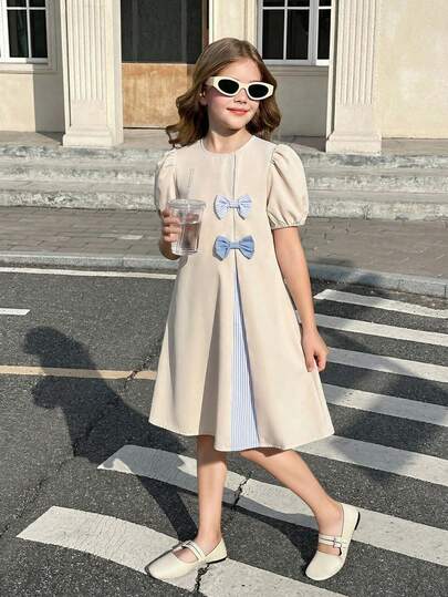 SHEIN Vestido de línea A con parches de unicolor tejido, rayas y decoración de lazo para niña preadolescente, adecuado para viajes, vacaciones, estilo campestre, resort casual, bohemio