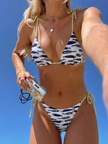 Swim Vcay Bộ bikini 2 mảnh gợi cảm, thời trang và ngọt ngào với nơ buộc vai, không gọng, có đệm mút tháo rời dành cho nữ. - Màu xanh lam - Xem 4