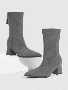 Daringsoles Giày bốt cổ ngắn mũi nhọn, gót chunky, thời trang và đa năng - Xám - Xem 2