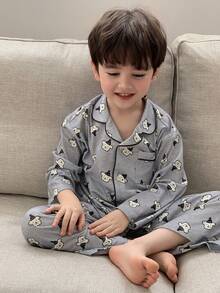 DAZY 男童舒适可爱印花长袖衬衫长裤睡衣套装，秋季款 - 灰色 - 查看 4