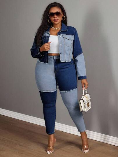 Slaydiva Plus Size Women Cowgirl Blue Denim Patchwork Elastic Short Jacket, Rodeo Outfits