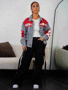 SAYEHFBABY 女士休闲时尚街头字母图案拼接拉链口袋落肩宽松牛仔夹克，春秋 - 藍色 - 查看 4