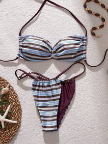 Swim Mod Conjunto de bikini de 2 piezas con estampado de rayas, escote halter y espalda descubierta, sexy, para mujer, Primavera/Verano 2026 - Multicolor - Ver 3