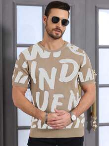 Claim Dot 男士字母提花圆领短袖休闲针织上衣 - 杏色 - 查看 4