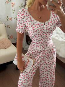 CottageSlumber 2 piezas Conjunto de pijama de manga corta con estampado floral romántico - Blanco - Ver 3