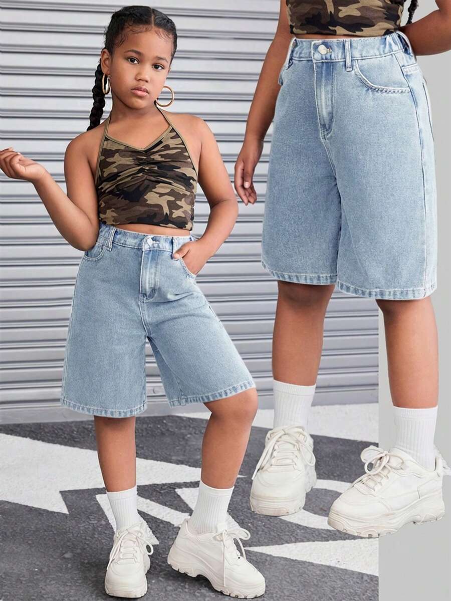 SHEIN Tween Girl Trending Retro Washed Loose Fit Baggy Bermuda Denim Shorts With Slanted Pockets, Fall Streetwear,Kids - Light Wash - View 1