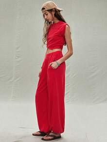 SoleilVie Women's Solid Color Stand Collar Asymmetric Hem Cap Sleeve Top And Lantern Pants Casual 2 Pieces Set Red Two Piece Outfit Women Red Casual Set Women Red Crop Top And Pants Set Red Wide Leg Pants Women Red Sweatpants Women Red Pants And Top Set - Red - View 1