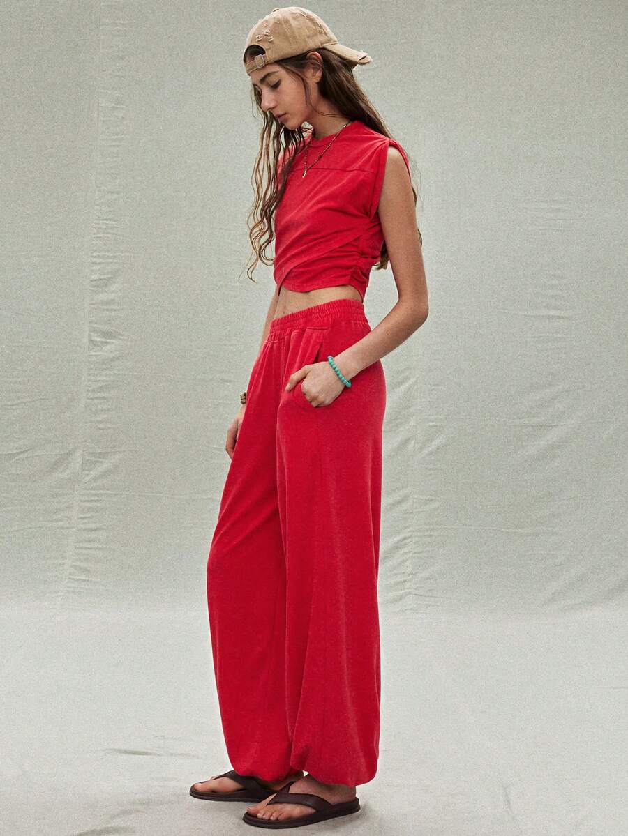 SoleilVie Women's Solid Color Stand Collar Asymmetric Hem Cap Sleeve Top And Lantern Pants Casual 2 Pieces Set Red Two Piece Outfit Women Red Casual Set Women Red Crop Top And Pants Set Red Wide Leg Pants Women Red Sweatpants Women Red Pants And Top Set - Red - View 1