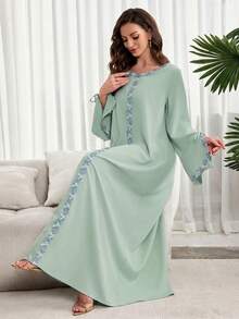 Al Najma Women's Elegant Embroidered Applique Turkish Abaya & Arabic Traditional Maxi Dress - Baby Blue - View 6