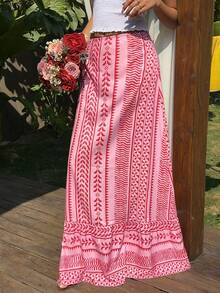 Sunnyshic Women's Boho Striped Print Low Waist A-Line Ruffle Hem Skirt, Suitable For Spring/Summer, Vacation, Beach, Commute, Office, Retro, Cute, Elegant, Minimalist, Versatile - Pink - View 4