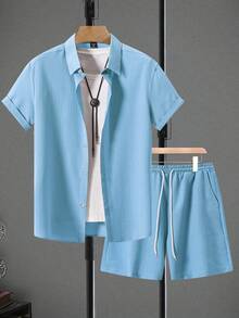 Manfinity RSRT Men's Casual Vacation Short Sleeve Shirt Set - Baby Blue - View 1