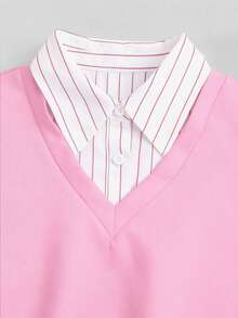 Sweetra 秋季新款美式复古休闲条纹宽松套头衫二合一 Polo 领长袖卫衣 - 粉色 - 查看 3