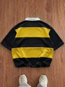 AXEPEAK Kemeja Polo Pria Lengan Pendek Longgar Kasual, Warna Solid dengan Kerah Kontras dan Patchwork, Kemeja Pria Blok Warna Gaya Retro - Kuning - View 3