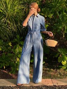 DAZY Women's Lapel Short Sleeve Cinched Waist Waist Loose Straight Casual Denim Jumpsuit - Medium Wash - View 5