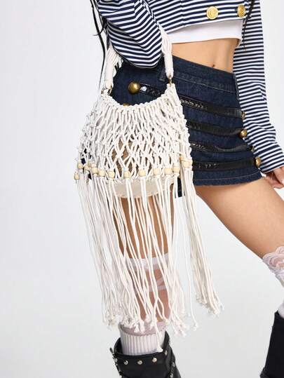 ROMWE Fairycore 女士贝壳装饰编织手提包，适合日常通勤、旅行、购物和散步