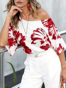Blusa de mujer con estampado floral y hombro asimétrico de manga corta - Rojo y blanco - Ver 5