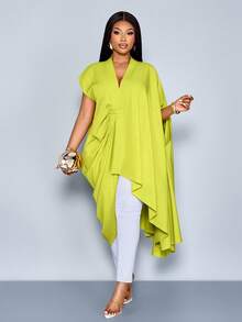 SOLERSUN 大码女式绿色春夏新款时尚纯色系带宽松休闲修身长款衬衫，配腰带，前开衩大腿系带单肩衬衫，纯色长款衬衫，适合日常通勤和度假，休闲套装，圣帕特里克节，复活节，音乐节，四叶草，街头风格，海滩度假，野餐，日常通勤时尚百搭套装，西式风格，波西米亚风格，端庄，仙气十足。 - 綠色 - 查看 4