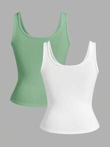 Slaydiva 3pcs/Pack Black + White Casual Basic Racerback Sleeveless Deep V-Neck Ribbed Tank Tops For Women - Multicolor - View 2