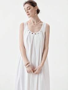 Aalyst Women's Solid Color Round Neck Beaded Pleated Casual Vacation Date Dress - White - View 5