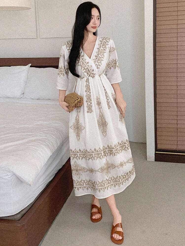 Women's V-Neck 3/4 Sleeve Waist Cinched Vacation Style Embroidered Maxi Bohemian Dress Sundress