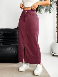 EMERY ROSE Chân váy xẻ tà bằng vải denim mài bạc màu kiểu dáng thường ngày - Màu Đỏ Sâu - Xem 6