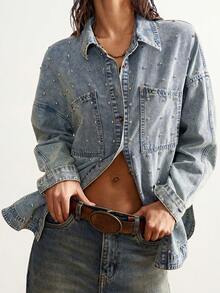 Bohemela 女士珍珠装饰长袖牛仔衬衫 - 淺色水洗藍 - 查看 1