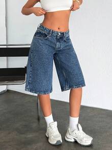 EURMUSE 水洗蓝低腰休闲牛仔短裤 - 中等水洗藍 - 查看 5