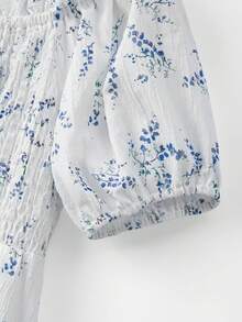 GlowEve Vestido de línea A con cuello con volantes, mangas abultadas y estampado floral diminuto elegante para mujer, primavera/verano - Blanco - Ver 5