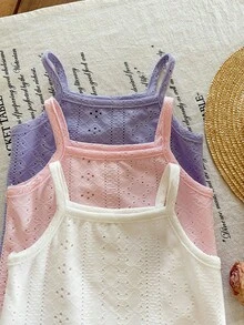 SHEIN LMoss Kids 3件套新生女宝宝可爱纯色针织无袖连体衣套装，夏季女宝宝连体衣，透气婴儿连体衣，夏季婴儿连体衣，吊带婴儿服装 - 彩色 - 查看 7