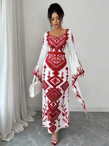 Elenzga 女士优雅时尚通勤休闲舒适迷人复古简约高端浪漫假日长袖V领收腰A字鱼尾下摆印花连衣裙，适合情人节 - 紅色 - 查看 5