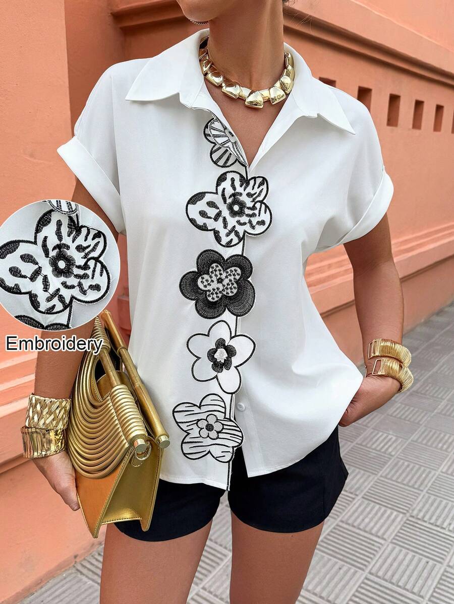 Flora Isola Flora Isola Women's Embroidered 3D Floral Casual Vacation Blouse, Spring/Summer - White - View 1